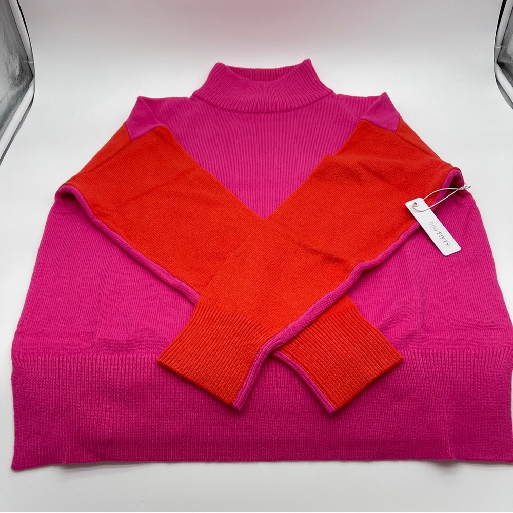 Six/Fifty Med Chunky Orange Pink Round Neck Long Sleeve Sweater New In Package